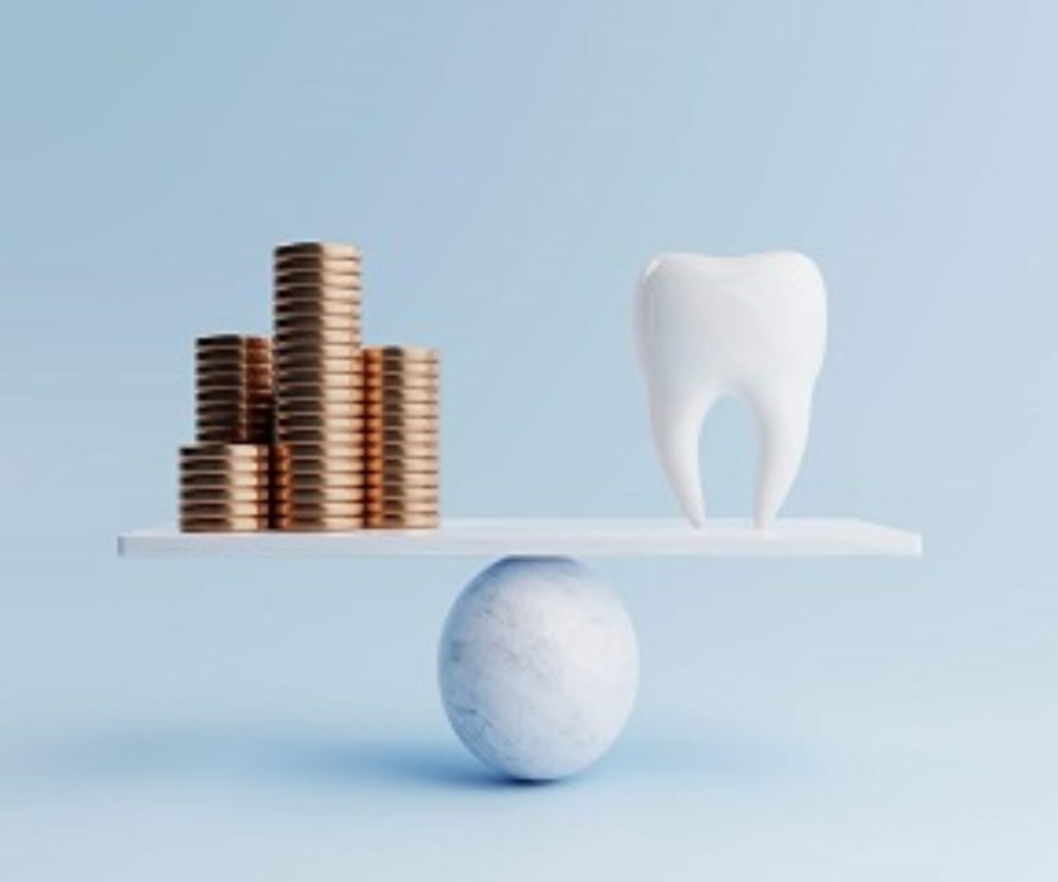 Dental tooth and golden coin on balancing scale on blue background. Health care and financial concept. Money-saving and cash flow theme. 3D illustration rendering